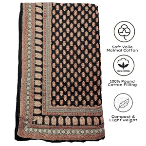 Couvre-lit matelassé en coton noir à motifs floraux, écologique, 300 fils, réversible, design indien traditionnel, fait main, décoration intérieure, taille simple - Product Image 2