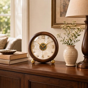 Horloge de bureau circulaire en bois, mouvement à quartz silencieux, design traditionnel, hauteur 20 cm, accents dorés - Product Image 6