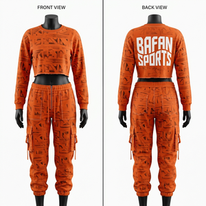 Ensemble haut court imprimé et pantalon cargo pour femme, polyester premium 280 GSM, tenue avec panneau orange par sublimation, ensembles pour femmes - Product Image 3