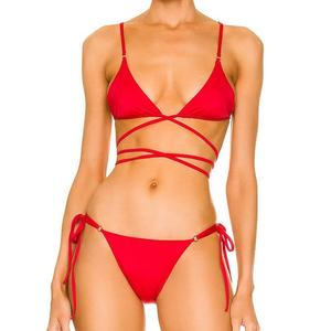 Women's Bikini Set <b>Crossed</b> Halter <b>Top</b> Tie Side Bottoms Solid Color Swimwear Two Piece Stretch Spandex Nylon - Product Image 3