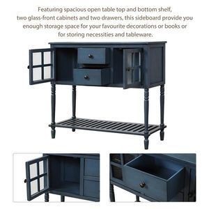 Credenza/Consolle Antica Blu Navy in Legno/Vetro Stile Rustico con Ripiano Inferiore, Mobile Buffet Ecologico per Soggiorno - Product Image 6