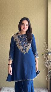 <b>Women</b> Traditional Embroidered Floor-Length Wrinkle-Free <b>Kurta</b> Palazzo Set Party Wear Collection Malay Crape Beads Embroidery Top - Product Image 2