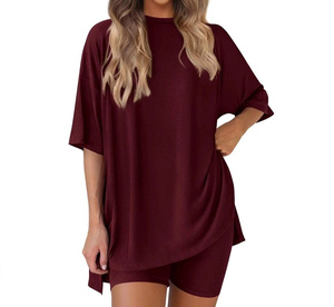 Conjunto de 2 Piezas para Mujer, Shorts y Camiseta de Cuello Redondo, Color Sólido, Corte Holgado, Manga Corta, Algodón, Estilo Casual de Verano con Bolsillo - Product Image 4