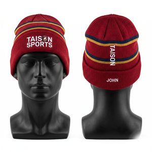 Bonnet de rugby personnalisé en acrylique tricoté premium 320 GSM, noir, marron, blanc rayé, avec revers et logo brodé - Product Image 3