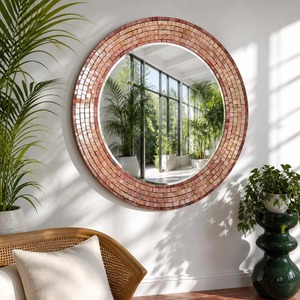 Handmade Terracotta Mosaic Tile <b>Round</b> <b>Wall</b> <b>Mirror</b> with Crystal Glass Contemporary Design-REHMAN CRAFT - Product Image 1