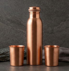 Metal Simple Shiny Copper Water <b>Bottle</b> With Glass for Ayurveda Health Benefits Drinking Water Copper Water <b>Bottle</b> and Glass Set - Product Image 1