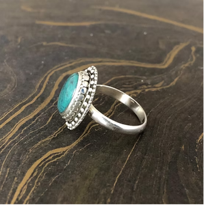 925 Silver <b>Turquoise</b> <b>Ring</b> Large Oval Cabochon Antique Beaded Border Cocktail Jewelry Wholesale Manufacturer - Product Image 3