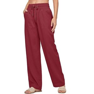 Pantalon large taille haute pour femme, couleur unie, en coton, avec cordon de serrage, coupe décontractée, longueur complète, pour l'été, avec poches - Product Image 3