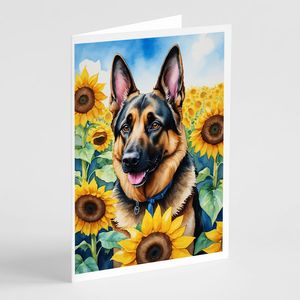 Whimsical German Shepherd in Sunflowers A7 Size 5x7 Blank <b>Note</b> <b>Cards</b> Pack of 8 with Envelopes for <b>Greetings</b> - Product Image 1