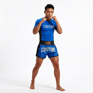 ชุดกางเกงมวยไทยแบบกำหนดเองพร้อมเสื้อรัดกล้ามเนื้อ ลายพิมพ์แบบรีดร้อน โพลีเอสเตอร์ 100% ยืดหยุ่น ระบายอากาศ แห้งเร็ว สำหรับ MMA มวยไทย คิกบ็อกซิ่ง - Product Image 3