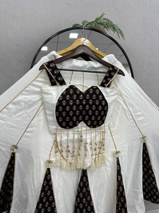 Traditional Indian Cotton <b>Lehenga</b> Set With Black Floral Print And Tassel Detailing Loose Fit Wedding Wear For <b>Women</b> - Product Image 5