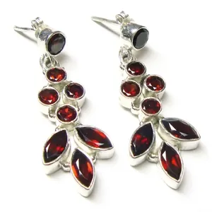 Boucles d'oreilles pendantes en argent sterling 925 avec grenat, faites à la main, pierres précieuses grenat rouge, bijoux fantaisie pour femmes, vente en gros - Product Image 1