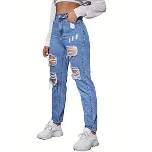 Jeans Casuales de Mujer, Cintura Alta, Rotos, Sin Etiqueta, Personalizados, Azules, Corte Regular, Nuevo Modelo - Product Image 5
