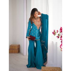 Hermoso NSR Blue Top-Bottom y Dupatta Set con Bordado Trabajo XL Tamaño - Product Image 4