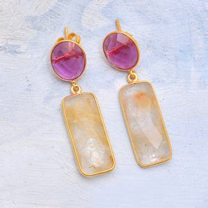 Belle Rutile Doré Naturel Et Tourmaline Rose Gemme 925 Argent Sterling Plaqué Or Boucles D'oreilles De Mode Bijoux Pour Femmes - Product Image 2