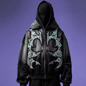 Sudadera con capucha y cremallera completa para hombre, estilo moderno, con efecto desgastado, lavado ácido, pedrería y máscara, 500 g/m², 100% algodón - Product Image 1