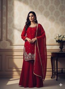 <b>Red</b> <b>Sequined</b> Embroidered Sharara Suit Set Women with Dupatta Silk Ethnic Wear for Wedding Eid Evening Party Dress - Product Image 2