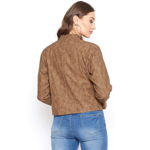Women's Brown <b>Suede</b> Bomber <b>Jacket</b> Stand Collar Full Sleeve Zipper Closure Autumn Breathable Polyester Lining - Product Image 2