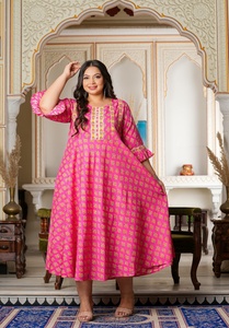 Kurti Anarkali de Rayón con Mangas Plisadas para Mujer, Talla Grande, Cuello Redondo, Estampado Floral, Corte Ajustado, Informal, para Fiesta, Color Rosa - Product Image 1