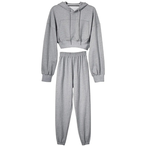 Ensemble sweat à capuche court et pantalon de jogging en velours rose, fermeture éclair intégrale, manches longues, coupe ample, ensemble décontracté deux pièces pour femme - Product Image 1