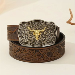 Vintage Western PU Leather <b>Belt</b> Embossed <b>Cowboy</b> <b>Belt</b> Plate <b>Buckle</b> Brown Casual Jeans Wear - Product Image 1