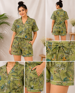 Conjunto de Pijama Floral con Estampado a Mano para Mujer, Camisa de Manga Corta y Pantalones Cortos de Algodón, Conjunto de Ropa de Dormir Informal Hecho a Mano - Product Image 3