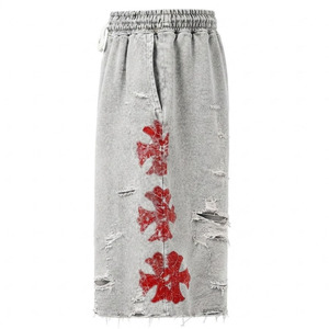 Men's Ripped Washed Denim Bermuda <b>Shorts</b> Elastic Waist <b>Wide</b> <b>Leg</b> Streetwear with Red Floral Side Print - Product Image 6