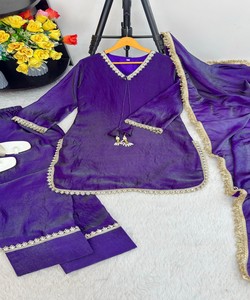Rich Look Satin Silk Hand Made Real Mirror Pearl Moti Lace Work <b>Top</b> Patiyala With Dupatta Purple 84024 MBL-563 - Product Image 3