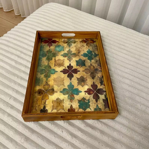 Handmade Wooden Ottoman Serving Tray Handles <b>Large</b> Rustic Coffee Table Style Fruit Pattern Classic Design for Home Decor Kitchen - Product Image 1