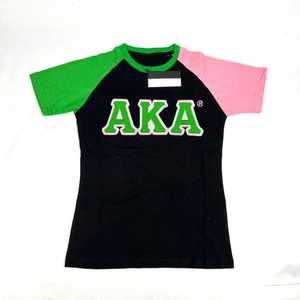 T-shirt Premium Femme AKA Noir Rose Vert en Chenille Brodé Lettres Grecques Color Block Col Rond Haut de Gamme Décontracté - Product Image 1