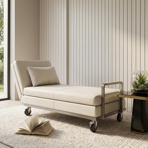 Sofá Cama Moderno de Cuero PU Beige con Estructura Metálica y Ruedas, Diseño Reclinable para Sala de Estar - Product Image 1