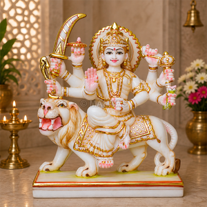 Mata Rani Marble Murti Seated on Lion | Handcrafted White Stone Goddess Statue with Golden Ornaments by MALIYAS Jaipur - Product Image 1