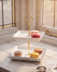 Modern White Metal 2 <b>Tier</b> <b>Cake</b> <b>Stand</b> Gold Stem Ornate Scroll Handle Rectangular Dessert Display Tray Party Table Decor - Product Image 3