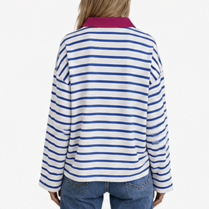 Sweat-shirt décontracté ample à manches longues pour femme, col en V, rayé, respirant, écologique, avec appliqué sur le devant - Product Image 5
