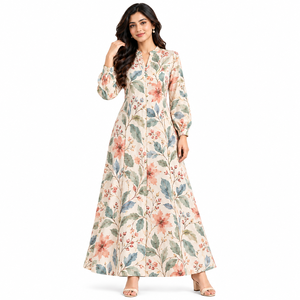 Vestido Maxi Floral Bohemio para Mujer, Manga Larga, Cuello en V, Estampado Elegante Informal, Estampado Botánico Rosa, Venta al por Mayor - Product Image 1