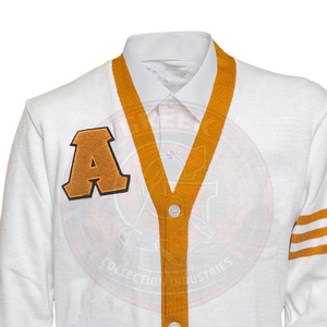 Cardigan blanc en tricot avec col en V orange et patch lettre A, style preppy, manches longues, pull pour femme - Product Image 2