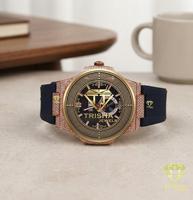 Montre de luxe pour homme, bracelet en caoutchouc noir, boîtier couleur or rose, cadran orné de cristaux, montre-bracelet de mode haut de gamme