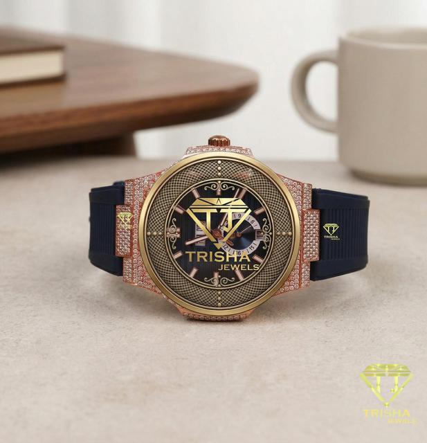 Luxury Mens Watch Black Rubber Strap Rose Gold Tone Case Crystal Detailed Dial Premium Fashion Wristwatch