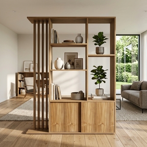 Separador de ambientes de madera estilo Japandi, estantería de exhibición con listones verticales, gabinete de almacenamiento inferior, librero independiente de madera natural - Product Image 3