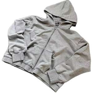 Sweat à capuche zippé streetwear personnalisé coupe ample courte, effet délavé au soleil, 480 g/m² épais, orné de strass, service OEM pour hommes - Product Image 2