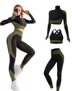 Conjunto Deportivo Jacquard Sin Costuras para Mujer, 2 Piezas, Leggings de Nylon de Cintura Alta Elástica con Top Deportivo de Manga Corta, Ropa de Yoga - Product Image 3