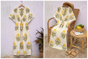ชุดเดรสผ้าฝ้ายอินเดียลายดอกไม้: พิมพ์ลายด้วยมือ ฟรีไซส์ - Product Image 5