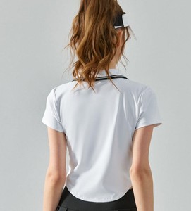 Women's Navy Short Sleeve Polo Shirt With White <b>Trim</b> Half Zipper Preppy Style Quick Dry Knitted Fabric - Product Image 6