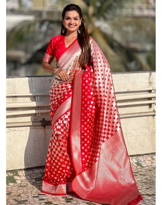 KV <b>Red</b> Banarasi Soft Silk Zari Woven 3D <b>Saree</b> With Unstitched Blouse - Product Image 6