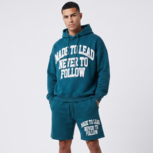 Conjunto de Sudadera con Capucha y Pantalones Cortos 2 en 1 de Felpa de Algodón Grueso, Ecológico, Transpirable, Talla Grande, Estilo Vintage, Hombros Caídos, para Hombre, Invierno, 500 g/m² - Product Image 1