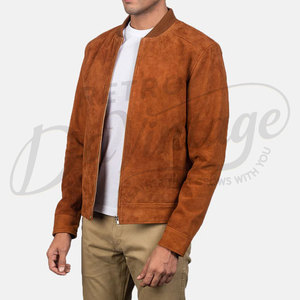 Chaqueta Bomber de Gamuza Genuina Color Cognac para Hombre con Cuello de Béisbol Acanalado y Cierre de Cremallera - Product Image 5