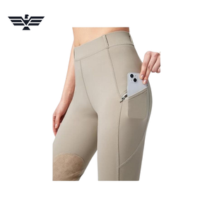 Pantalon d'équitation pour femme, taille haute, longueur intégrale, beige, en spandex et polyester, avec fermeture éclair et poches, respirant, vêtements d'équitation - Product Image 6