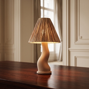 <b>Rustic</b> Ceramic Table Lamp Pleated Raffia Shade Curvy Wavy Base Wabi Sabi Bedside <b>Desk</b> Light Minimalist E27 Bulb Base Bali Home - Product Image 2