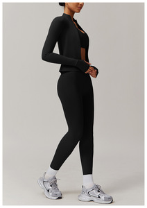 <b>Women</b> Solid Yoga Set High Waist <b>Leggings</b> <b>Crop</b> Top Seamless Spandex Polyester 2 Piece Workout Wear Quarter Zip Full Length - Product Image 2