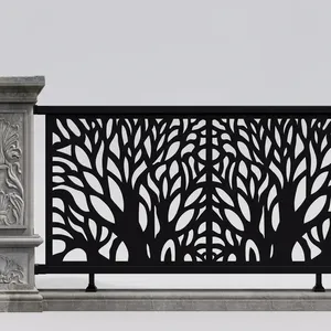 Rampe de balcon moderne en métal noir avec panneau décoratif découpé au laser à motif arbre pour terrasse, pièces d'escalier, extérieur de maison - Product Image 3